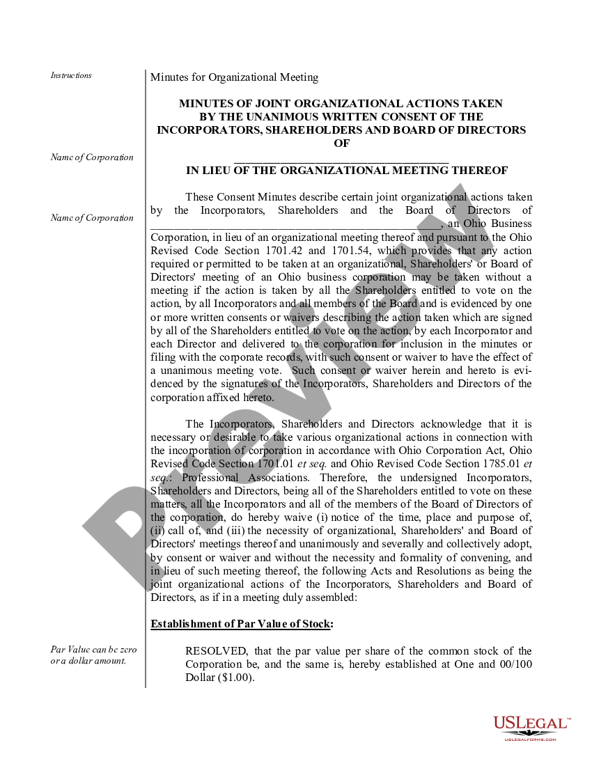 page 1 Organizational Minutes for an Ohio Professional Corporation aka Professional Association preview
