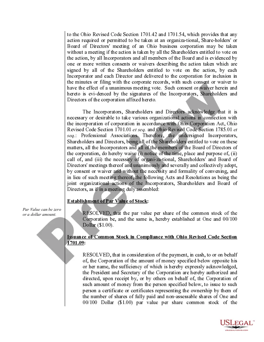 Preview Organizational Minutes for an Ohio Professional Corporation aka Professional Association