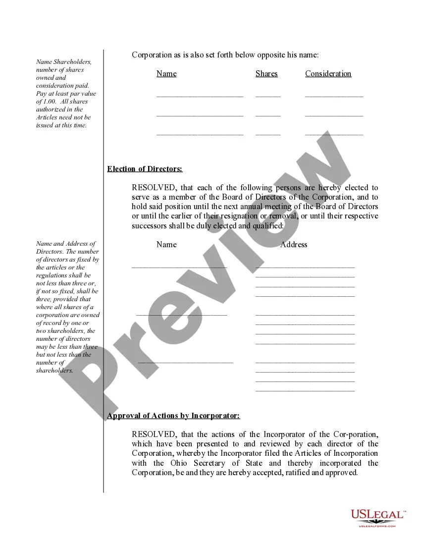 Preview Organizational Minutes for an Ohio Professional Corporation aka Professional Association