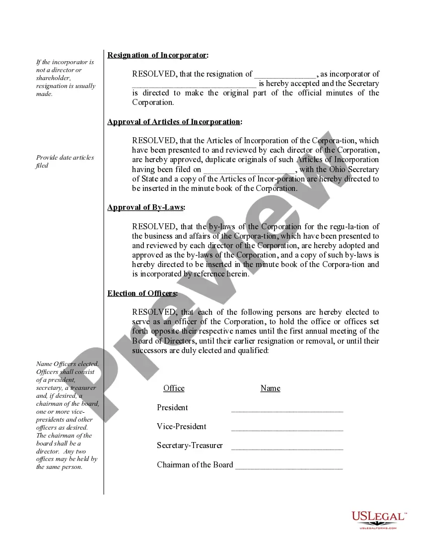 Preview Organizational Minutes for an Ohio Professional Corporation aka Professional Association