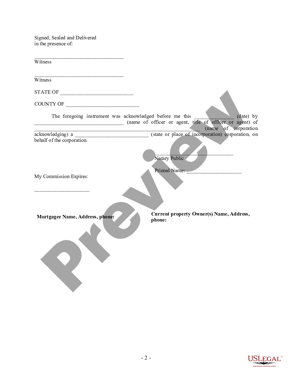 form Satisfaction, Release or Cancellation of Mortgage by Corporation preview