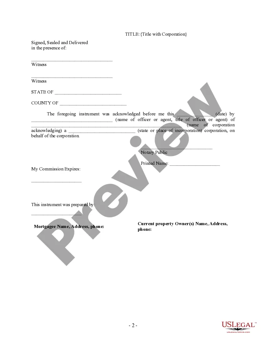 Preview Partial Release of Property From Mortgage for Corporation