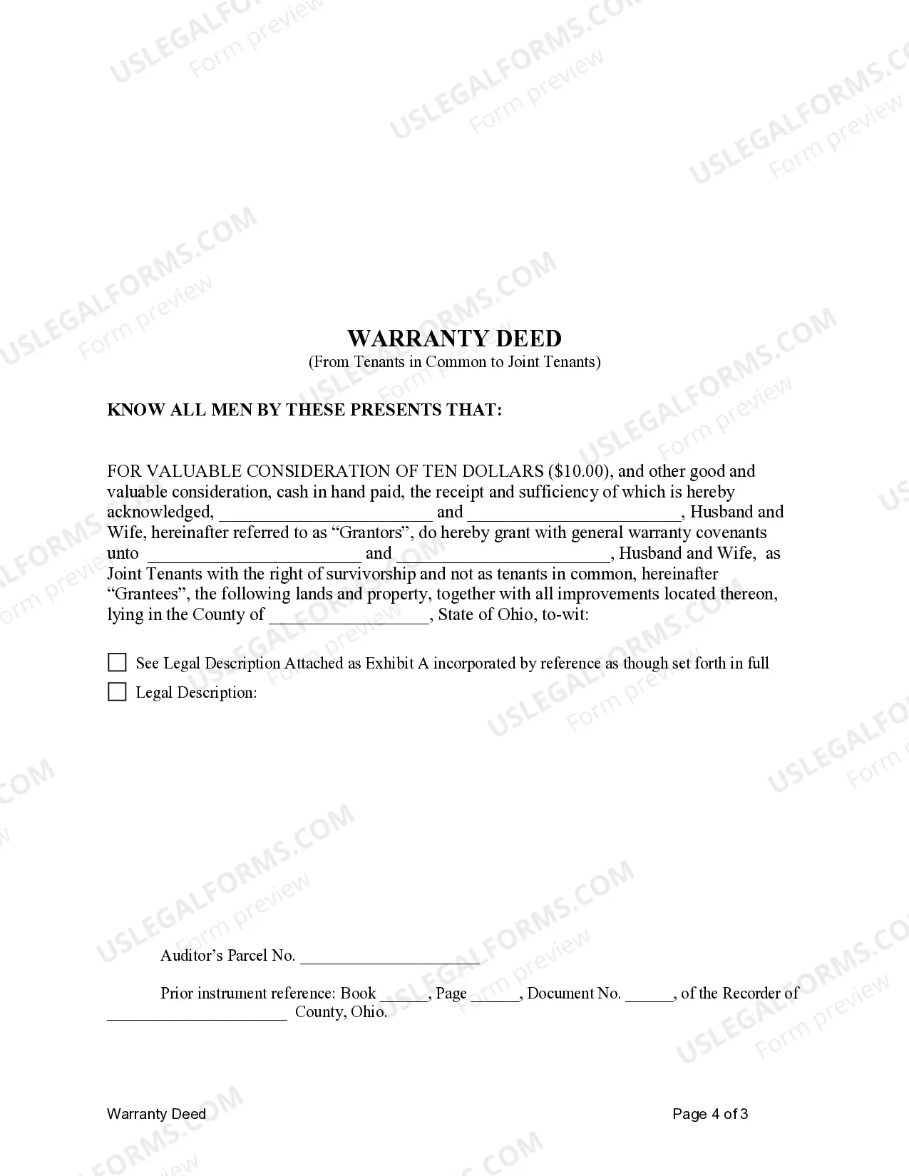 Preview Warranty Deed for Husband and Wife Converting Property from Tenants in Common to Joint Tenancy