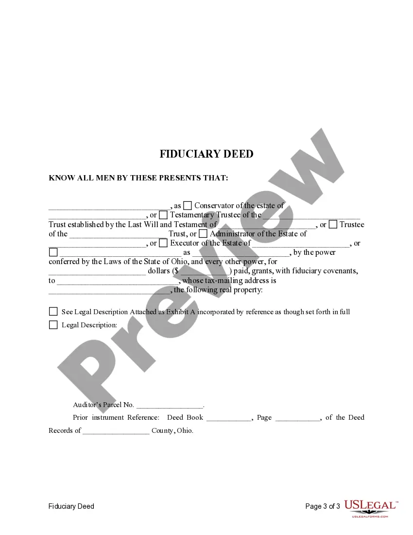 Preview Fiduciary Deed for use by Executors, Trustees, Trustors, Administrators and other Fiduciaries