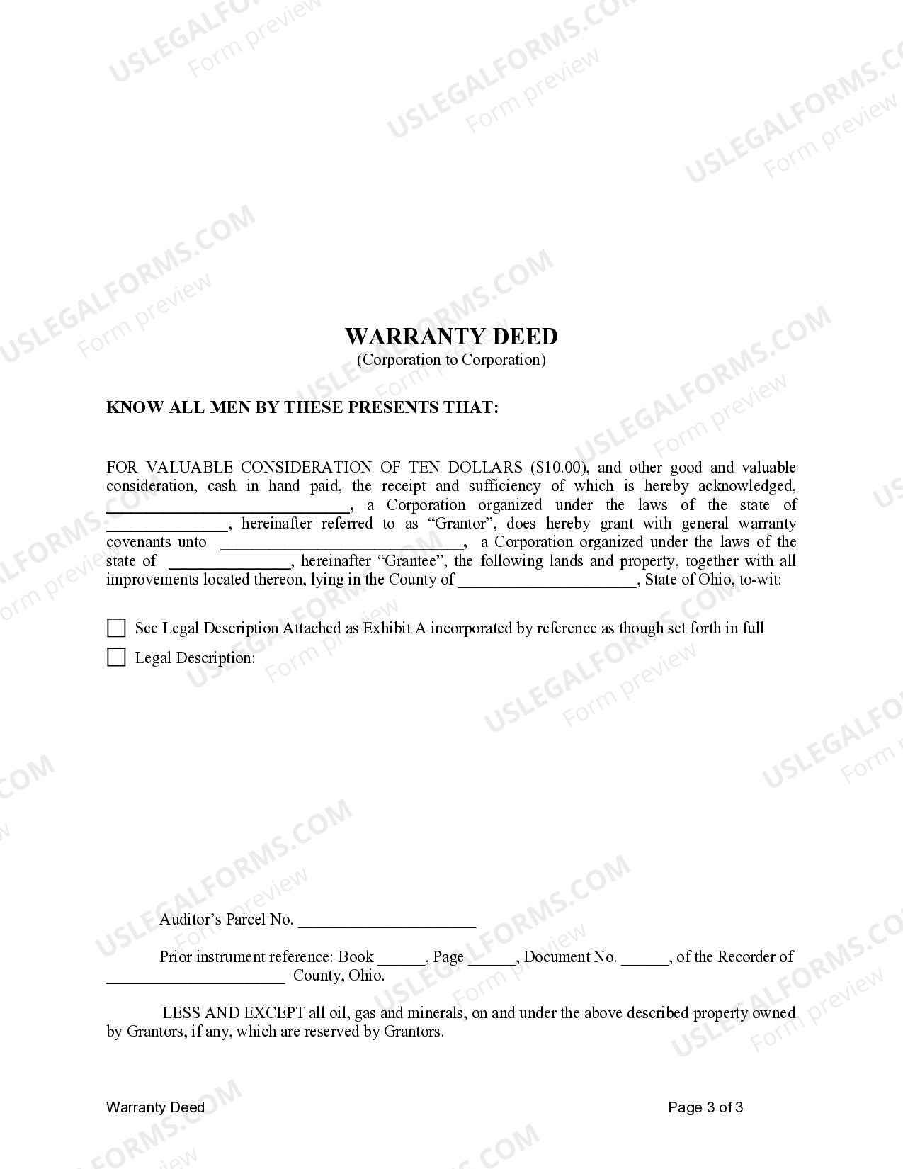 Ohio General Warranty Deed for Corporation to Corporation Warranty