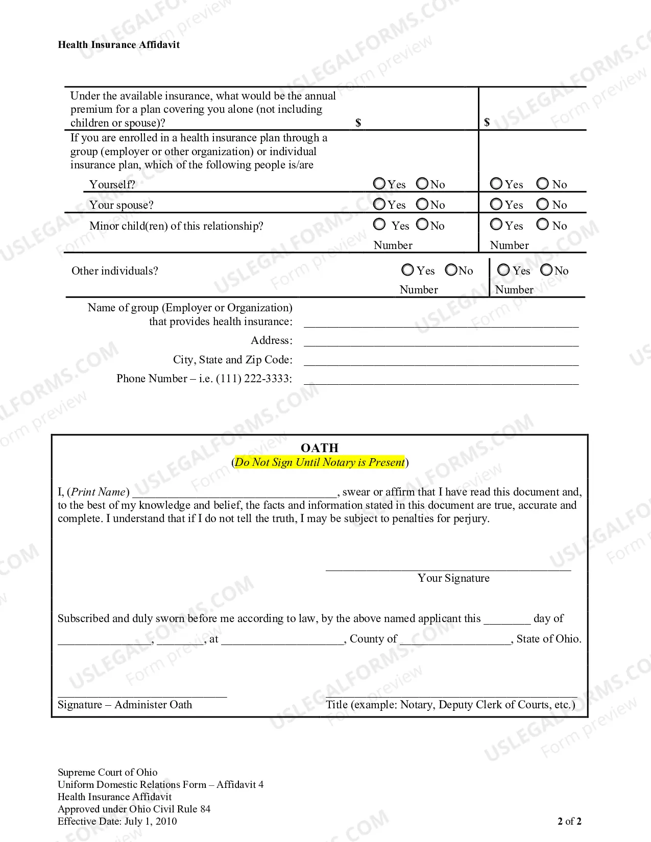 Preview Health Insurance Information Form