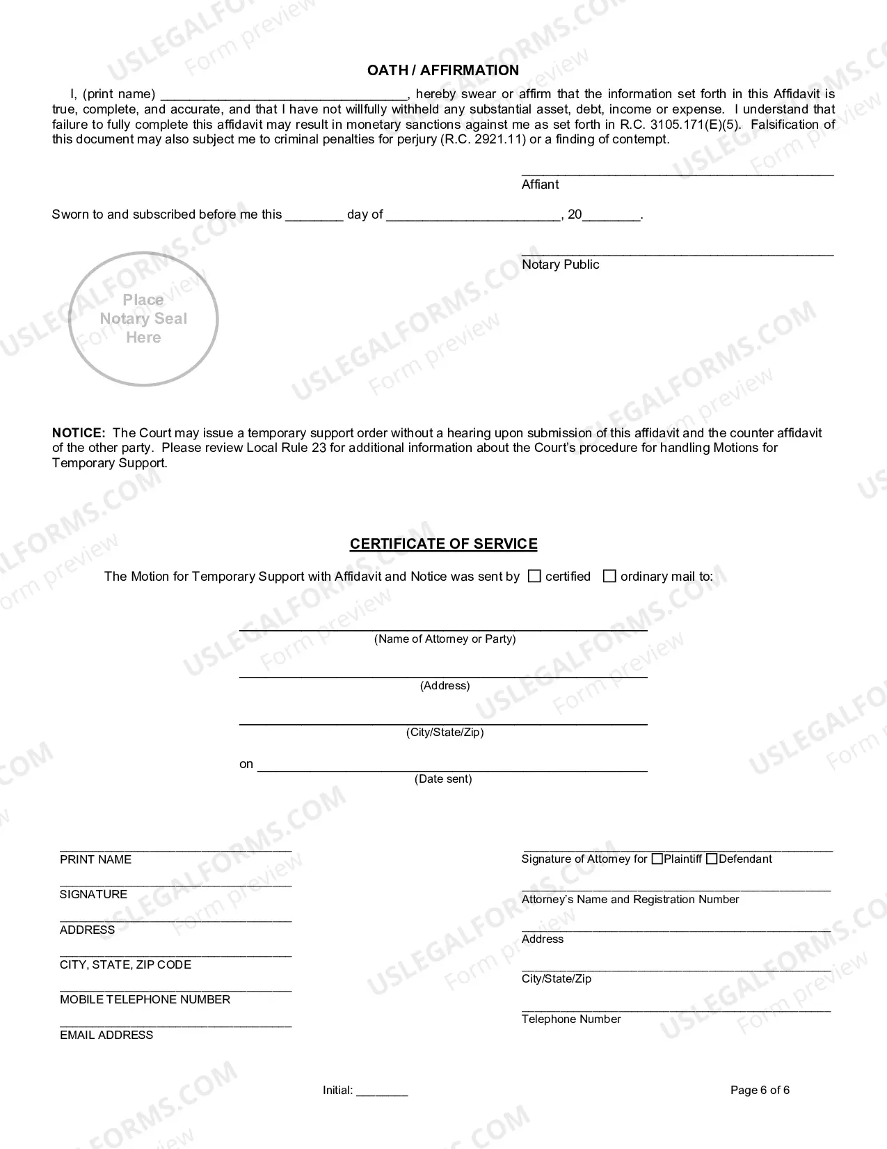 Preview Motion For Temporary Support With Affidavit And Notice