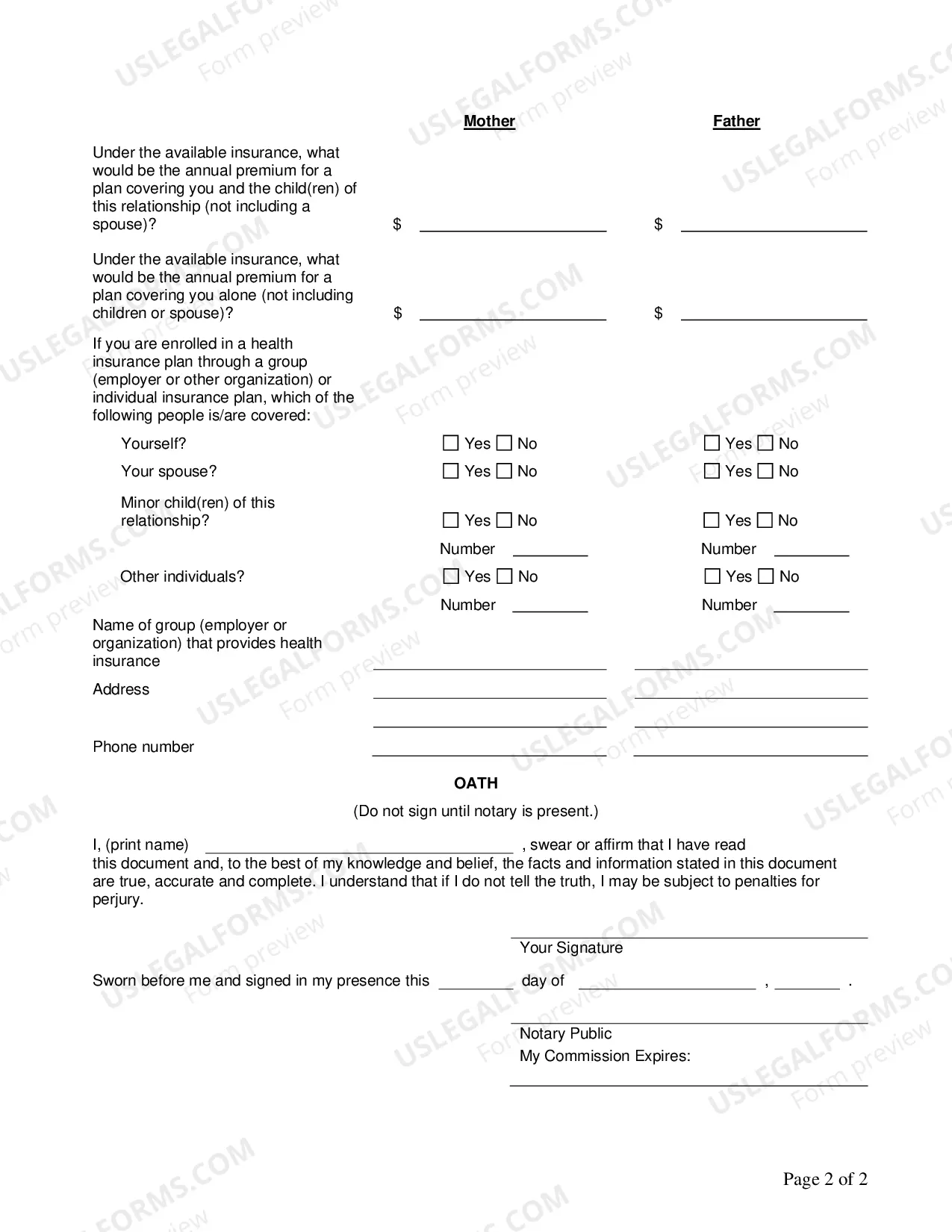 Preview Health Insurance Disclosure Affidavit