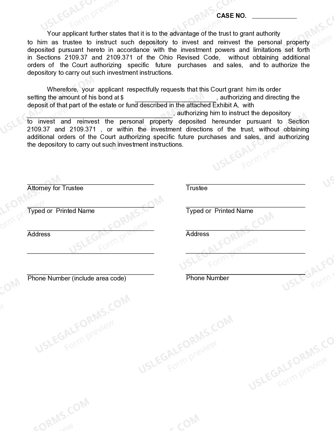 Preview Application To Deposit Personal Property In Lieu Of Bond And For Authority To Invest Funds