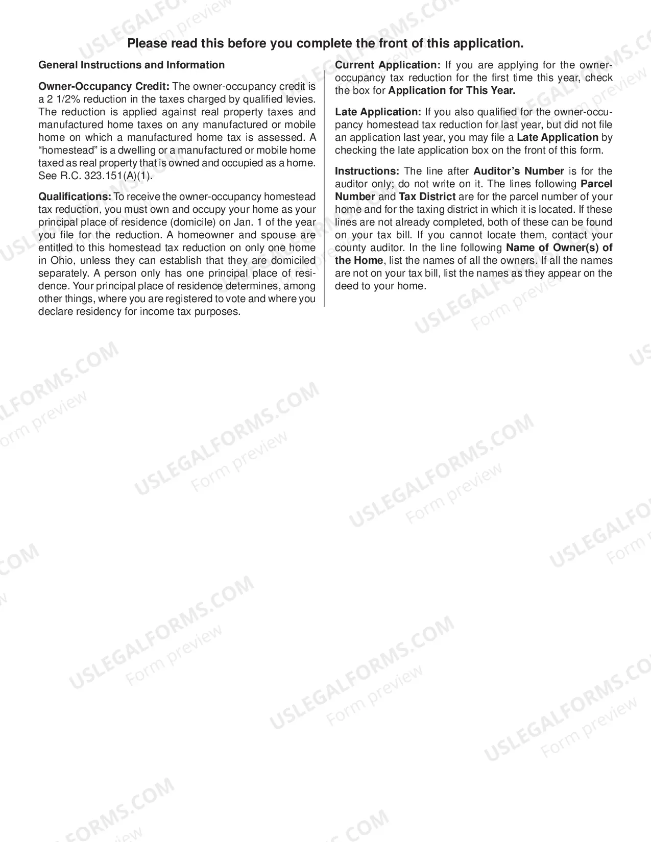 Preview Application For Owner-Occupancy Tax Reduction