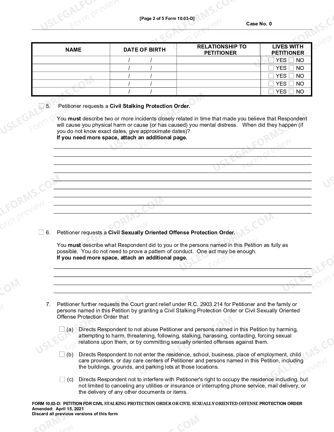 Preview Petition For Civil Stalking Order