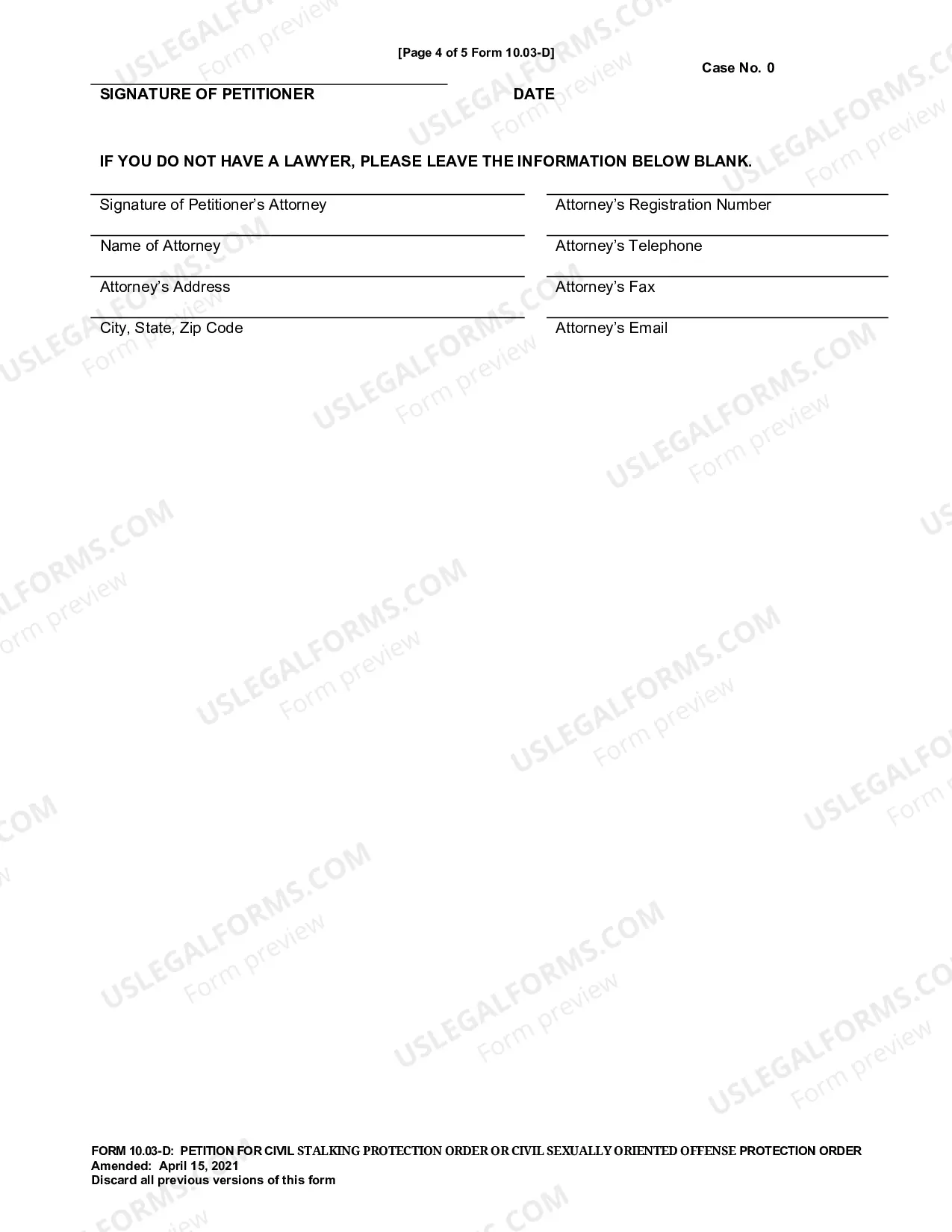 Preview Petition For Civil Stalking Order