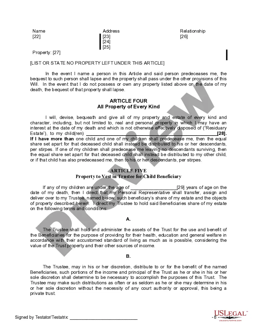 Preview Last Will and Testament for a Single Person with Minor Children
