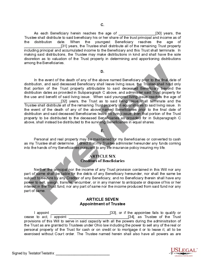 Preview Last Will and Testament for Single Person with Adult and Minor Children