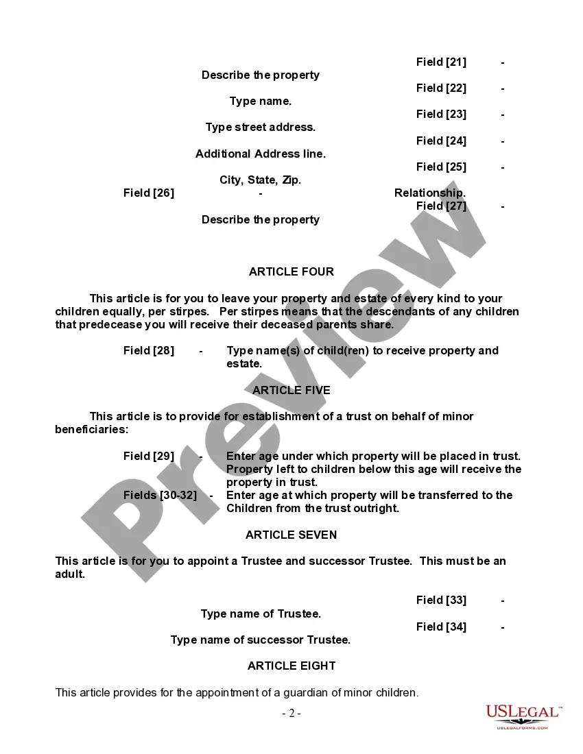 Preview Last Will and Testament for Single Person with Adult and Minor Children
