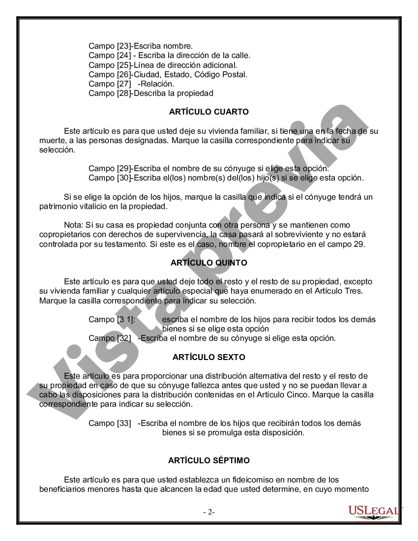 Preview Última voluntad y testamento legal para persona casada con hijos menores de edad de un matrimonio anterior