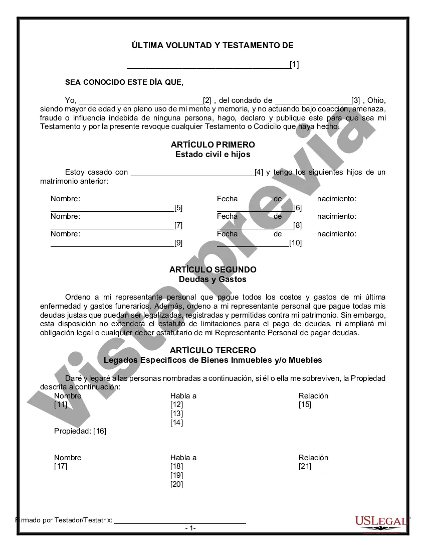 Preview Última voluntad y testamento legal para persona casada con hijos menores de edad de un matrimonio anterior
