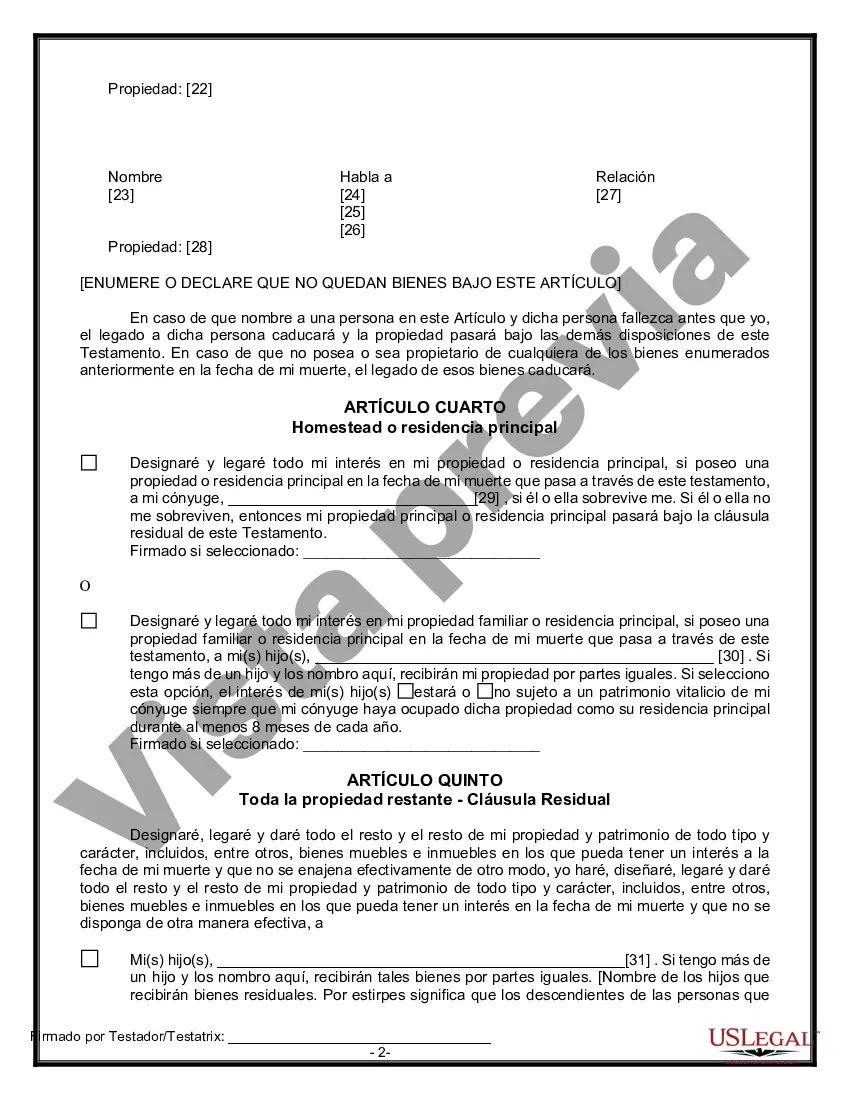 Preview Última voluntad y testamento legal para persona casada con hijos menores de edad de un matrimonio anterior