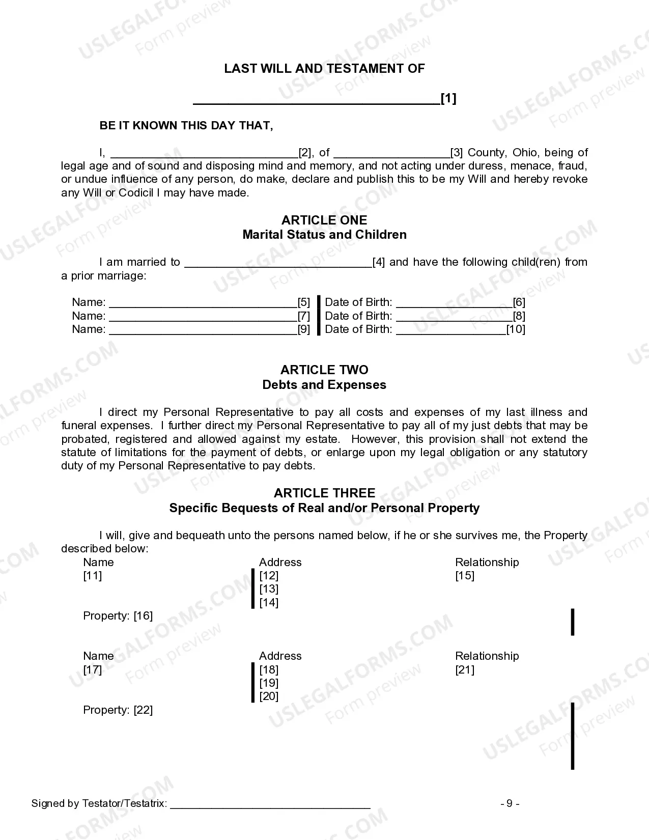 Preview Last Will and Testament for Married person with Minor Children from Prior Marriage