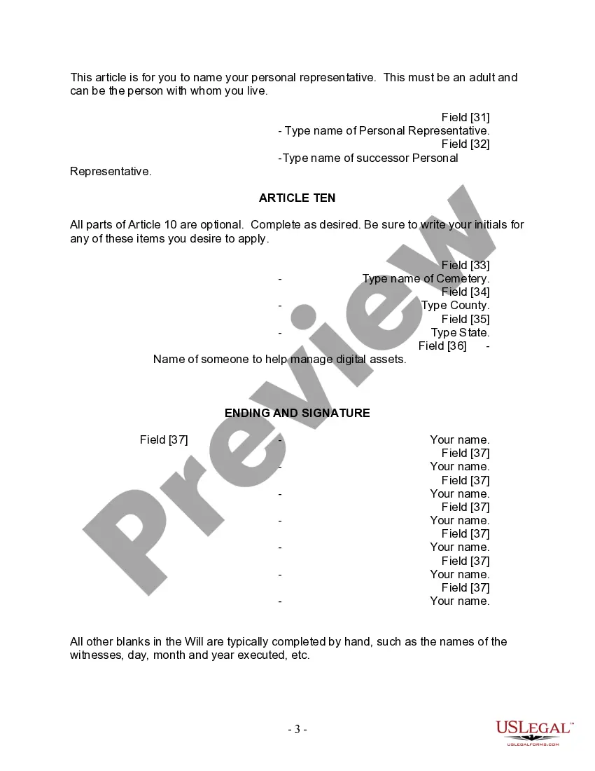 Preview Last Will and Testament for Divorced person not Remarried with Adult Children
