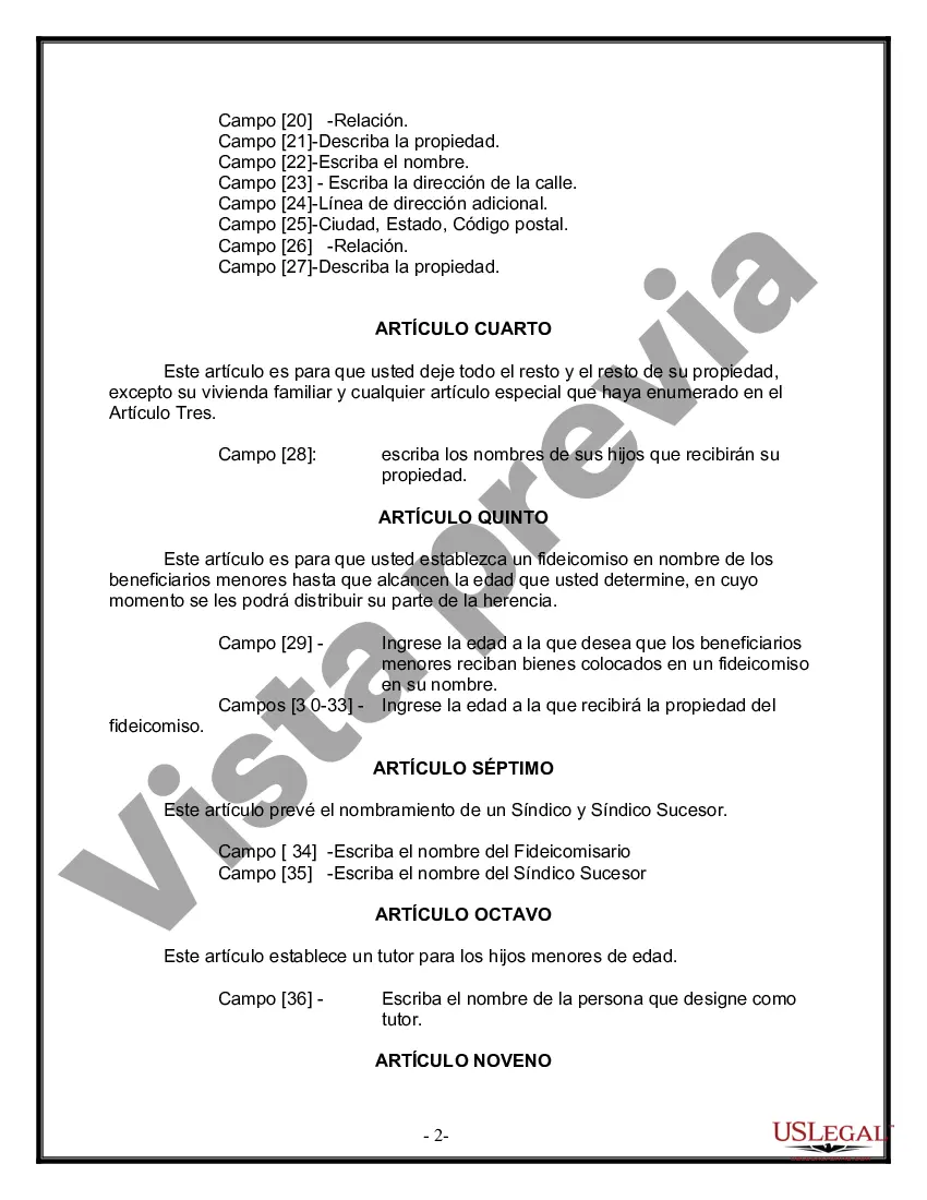 Preview Formulario de última voluntad y testamento legal para personas divorciadas que no se han vuelto a casar con hijos menores