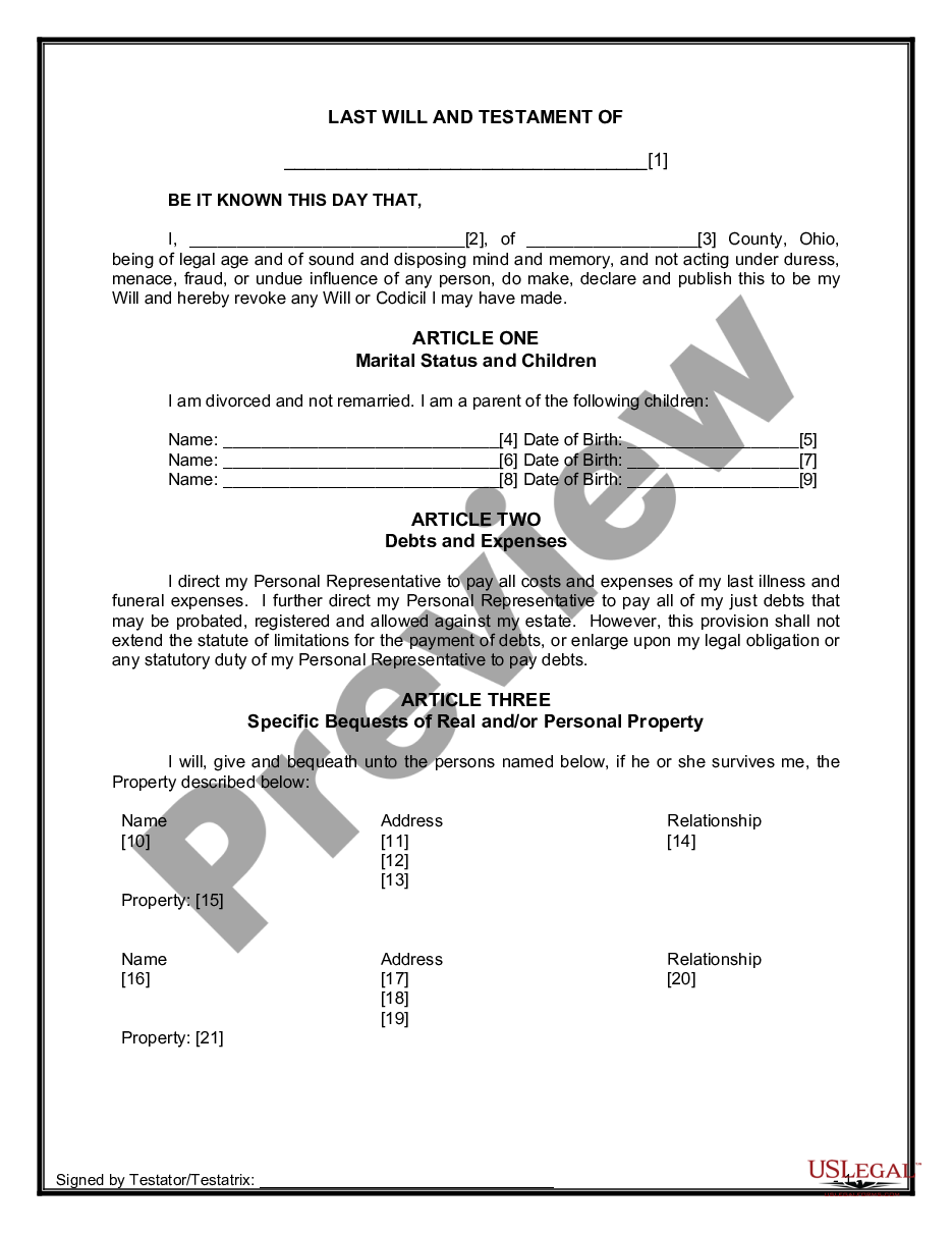 form Legal Last Will and Testament Form for Divorced person not Remarried with Minor Children preview