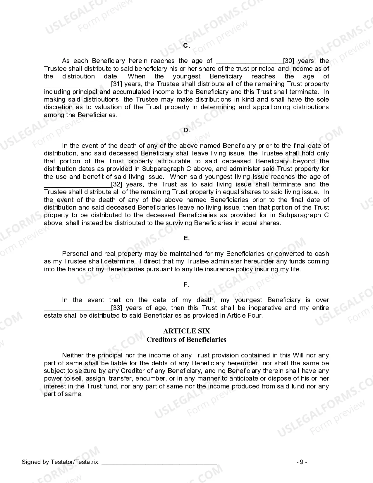 Preview Last Will and Testament for Divorced person not Remarried with Minor Children