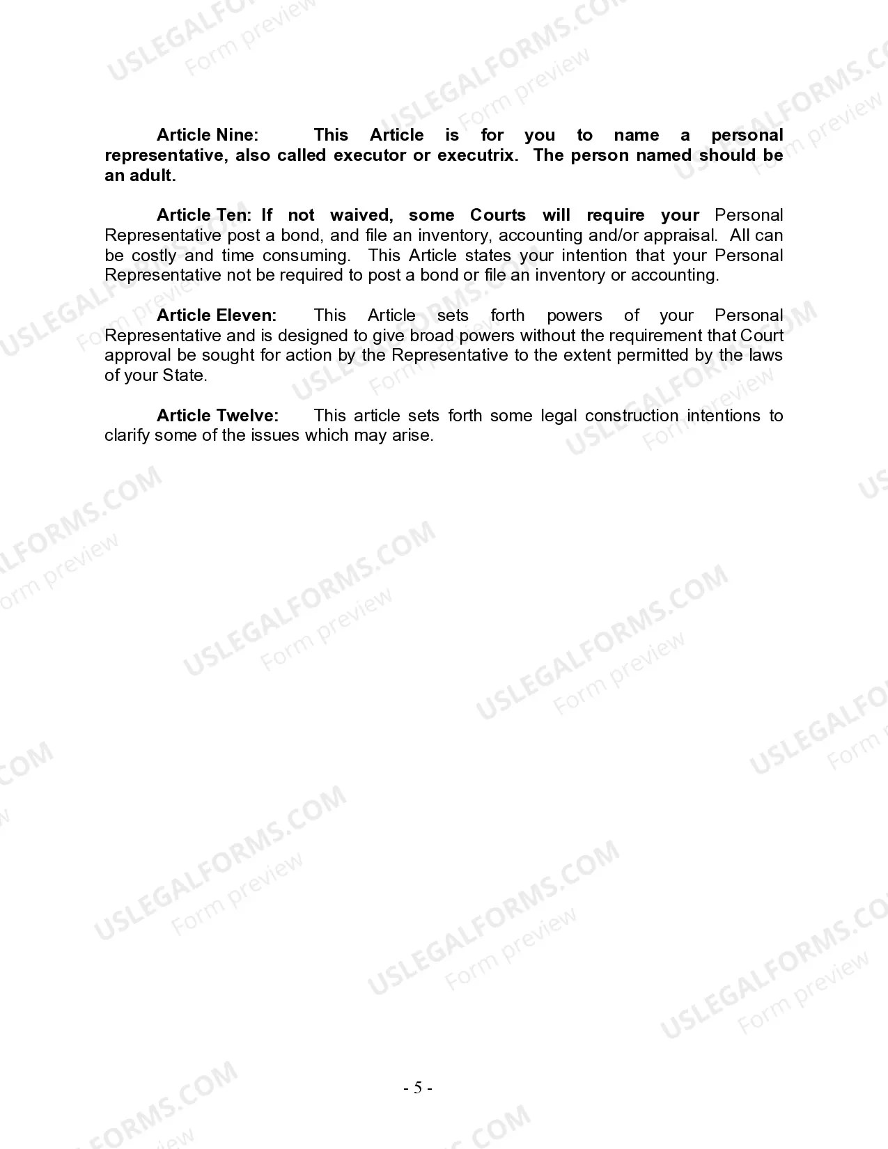 Preview Last Will and Testament for Divorced person not Remarried with Minor Children