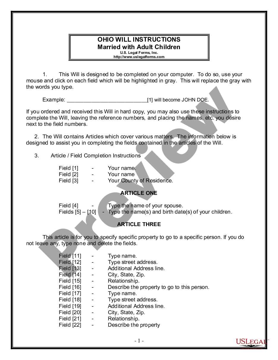 page 0 Legal Last Will and Testament Form for Married person with Adult Children preview
