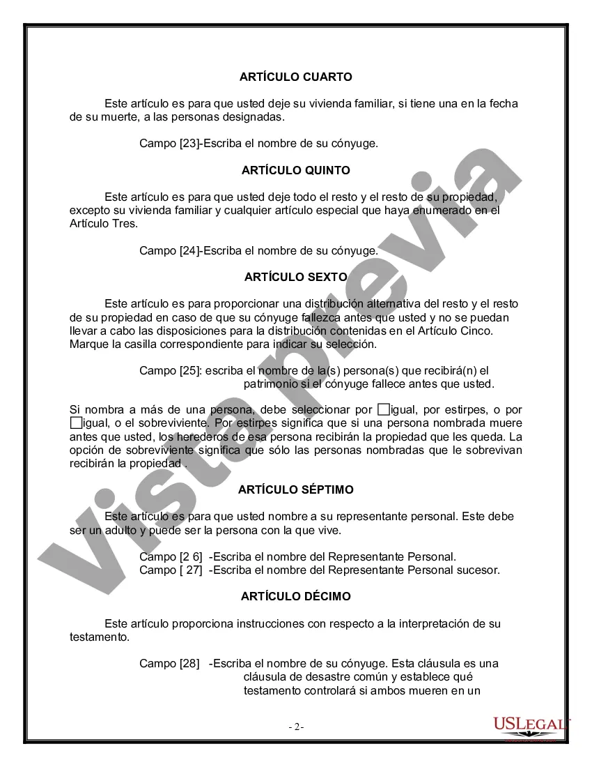 Preview Formulario de última voluntad y testamento legal para una persona casada sin hijos