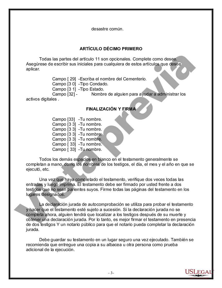 Preview Formulario de última voluntad y testamento legal para una persona casada sin hijos