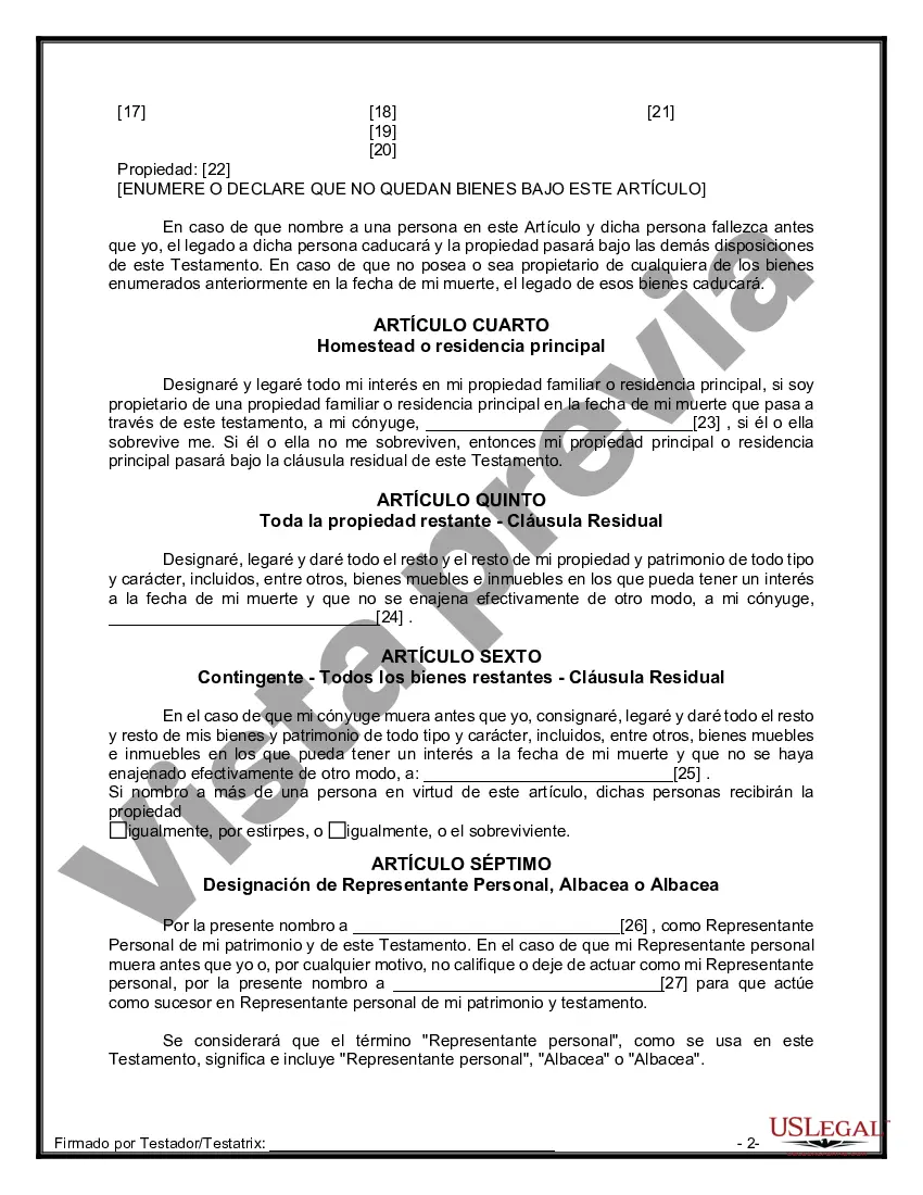 Preview Formulario de última voluntad y testamento legal para una persona casada sin hijos