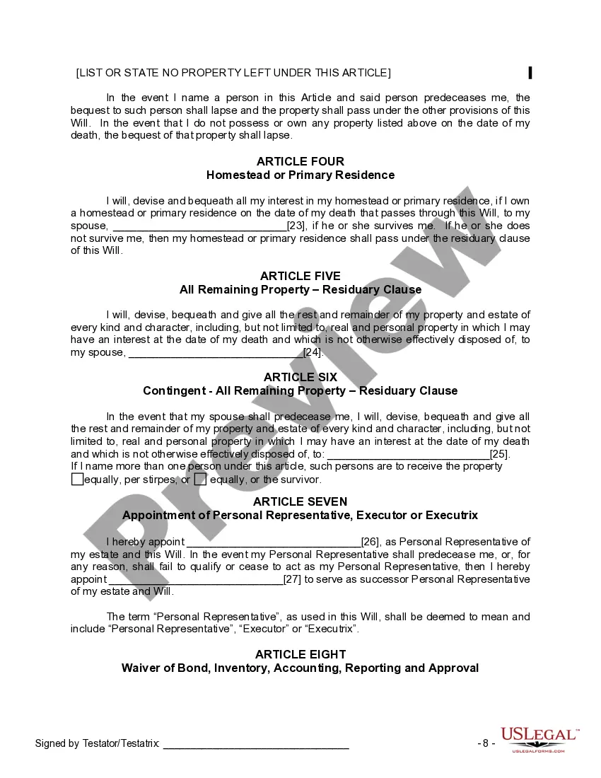 Preview Last Will and Testament for a Married Person with No Children