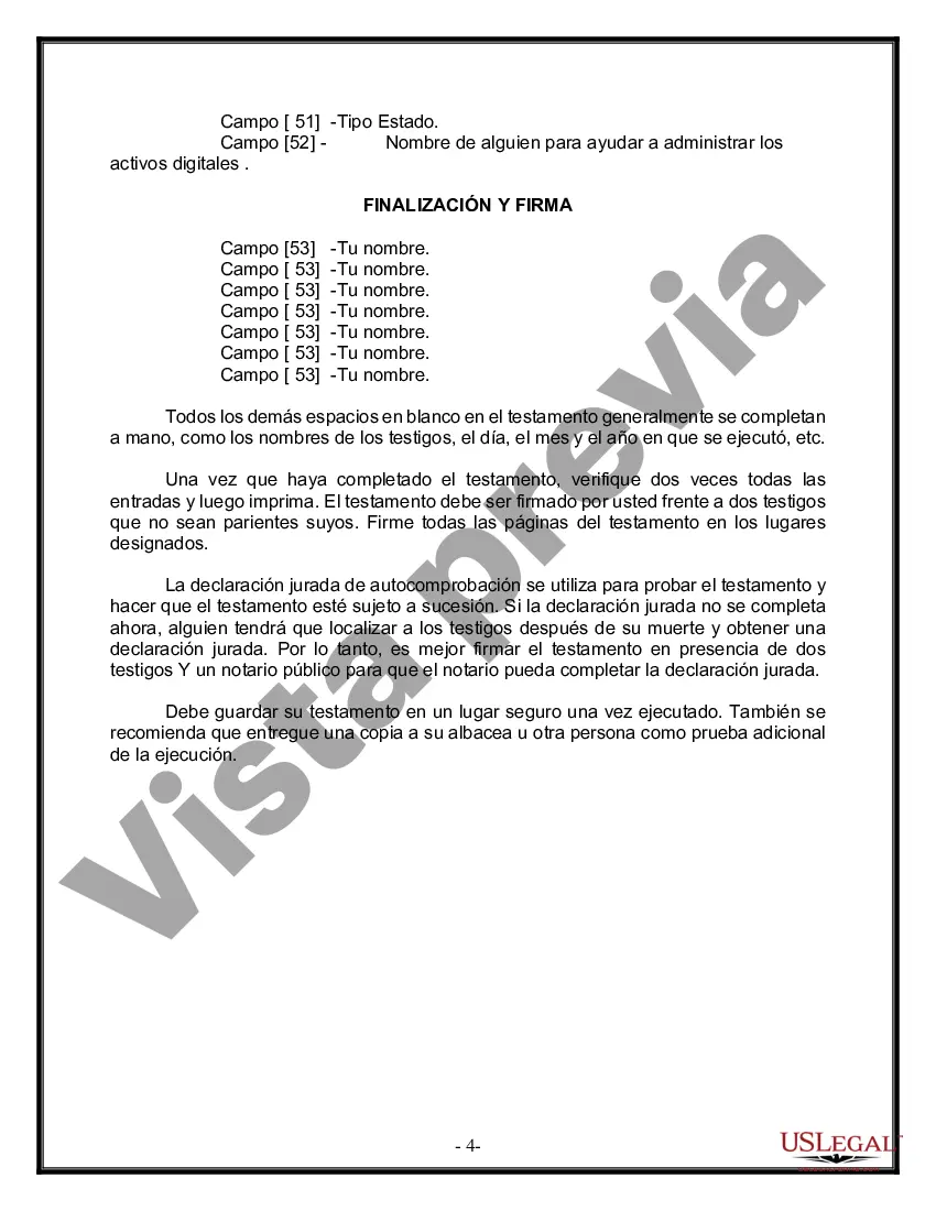 Preview Formulario Legal de Última Voluntad y Testamento para Persona Casada con Hijos Adultos y Menores de Matrimonio Anterior