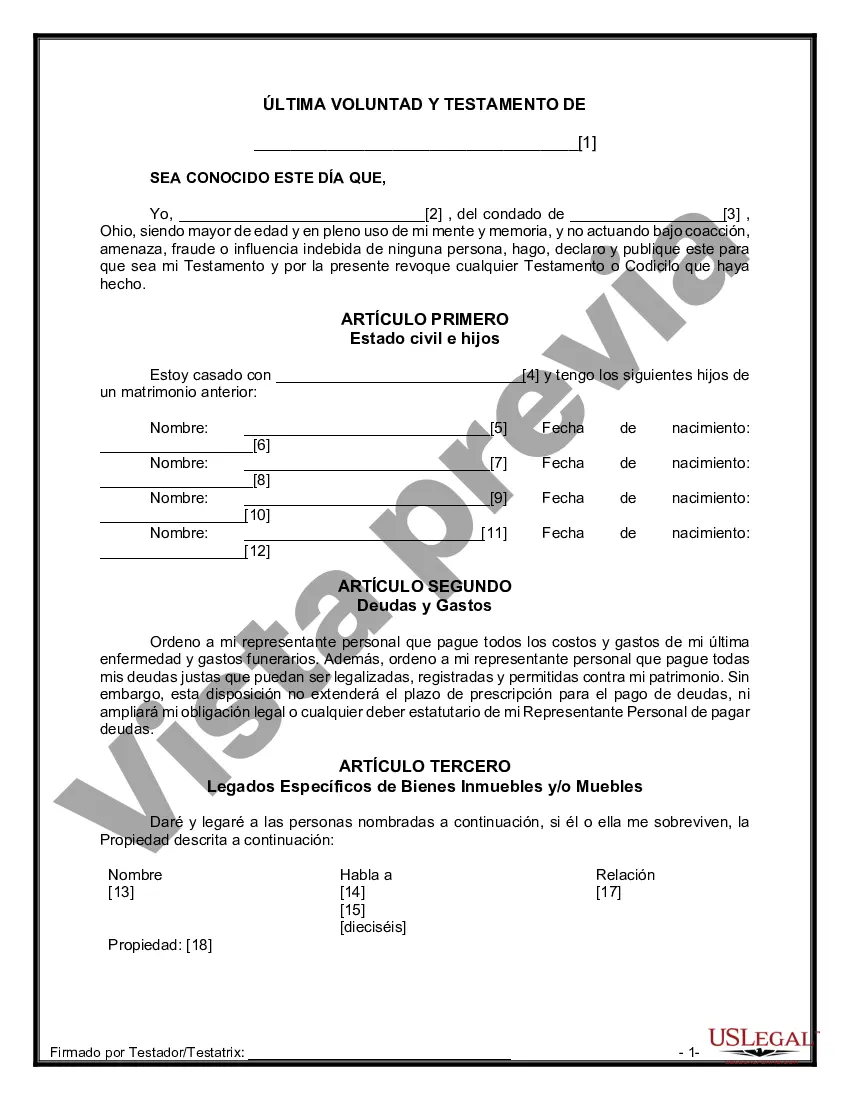 Preview Formulario Legal de Última Voluntad y Testamento para Persona Casada con Hijos Adultos y Menores de Matrimonio Anterior