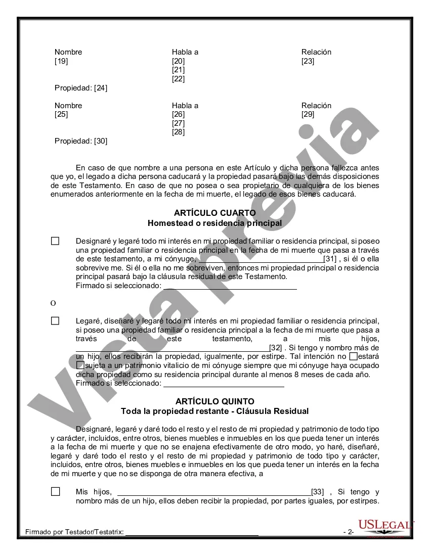 Preview Formulario Legal de Última Voluntad y Testamento para Persona Casada con Hijos Adultos y Menores de Matrimonio Anterior