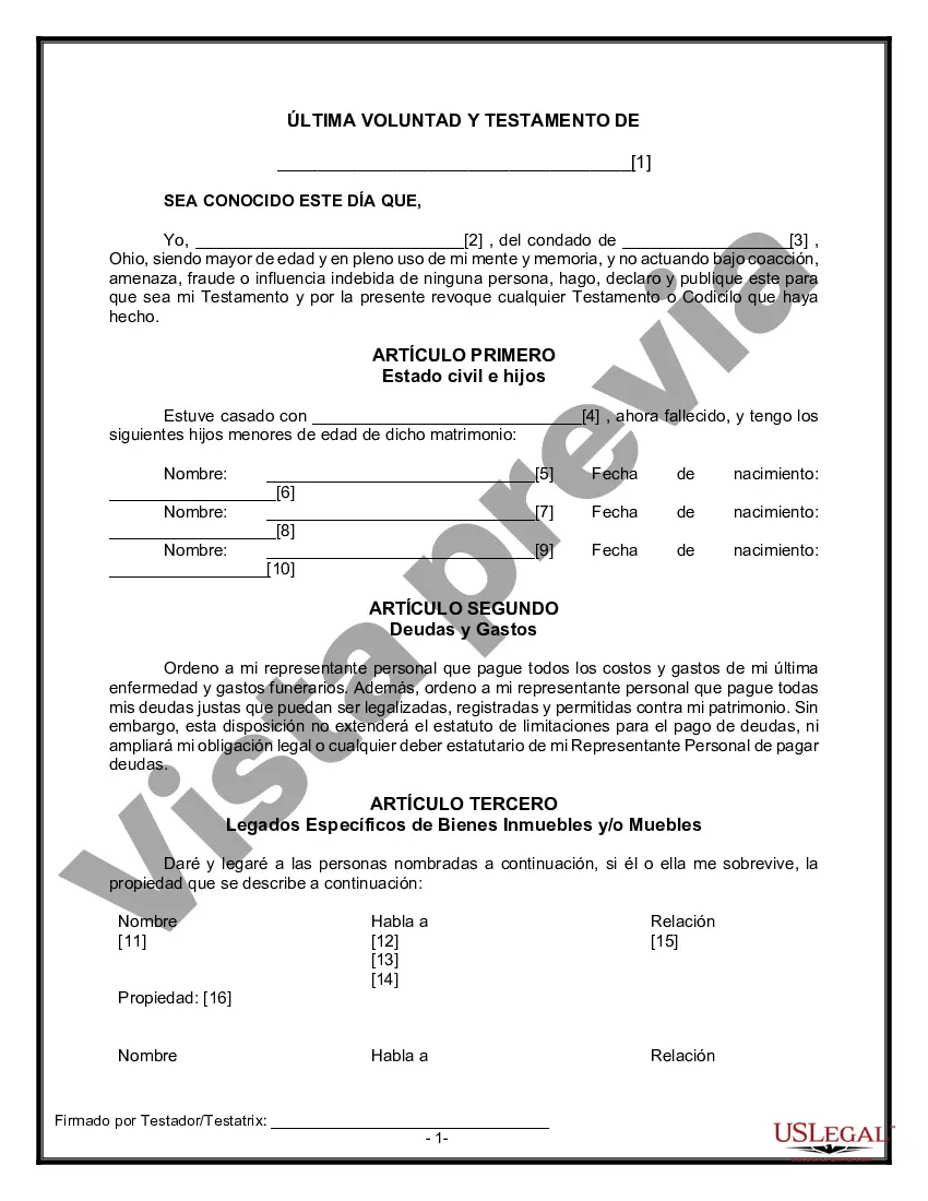 Preview Formulario Legal de Última Voluntad y Testamento para Viuda o Viudo con Hijos Menores