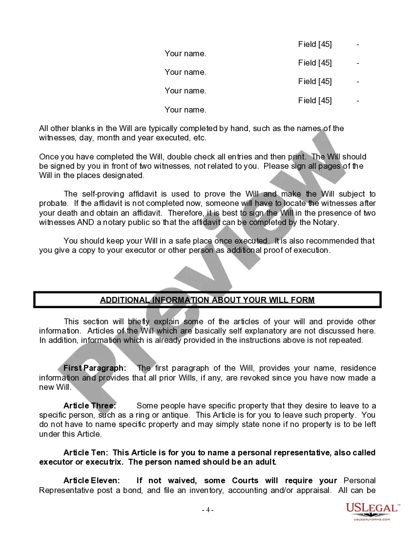 Preview Last Will and Testament for Widow or Widower with Minor Children