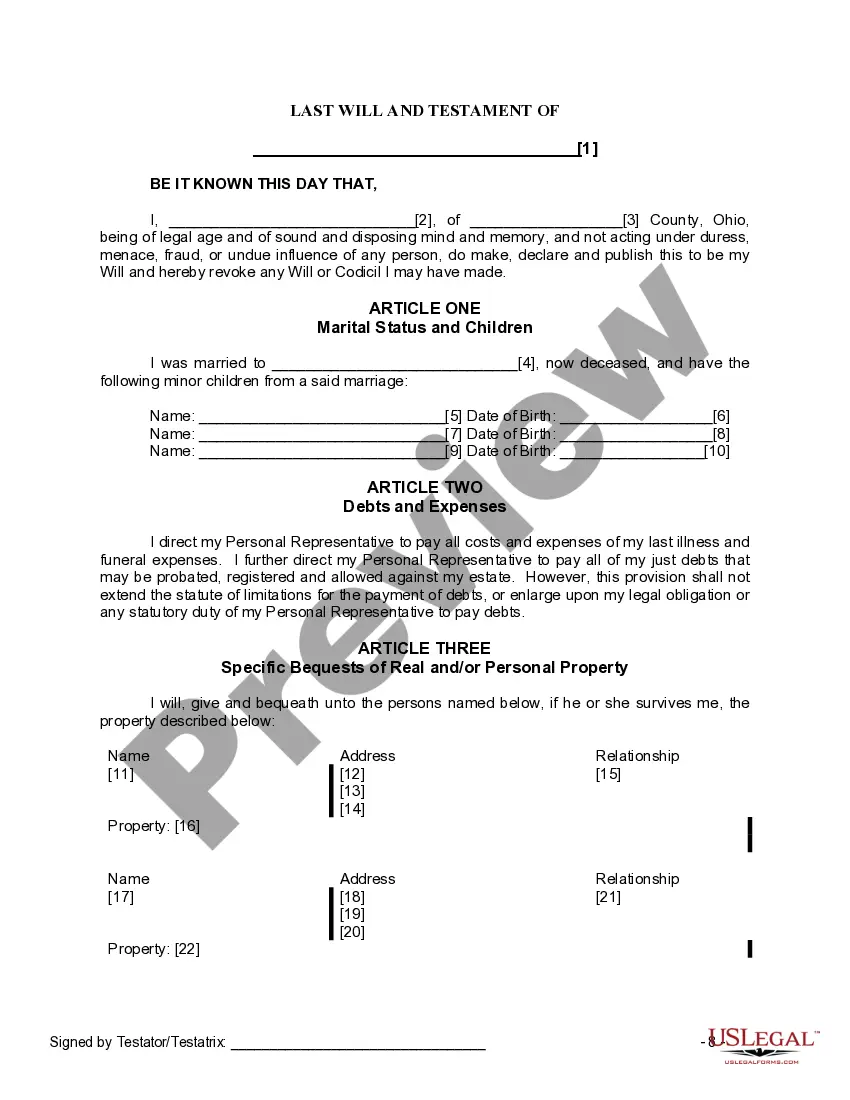 Preview Last Will and Testament for Widow or Widower with Minor Children