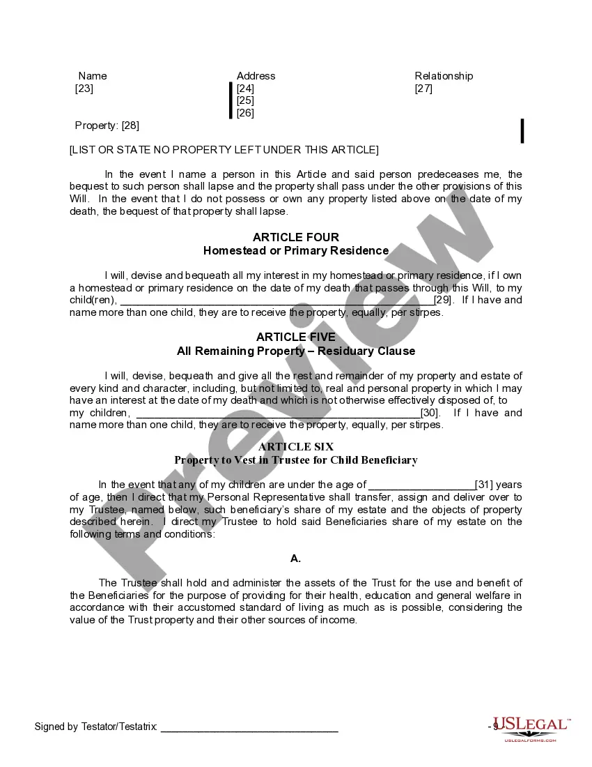 Preview Last Will and Testament for Widow or Widower with Minor Children