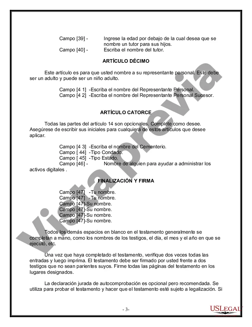 Preview Formulario Legal de Última Voluntad y Testamento para una Viuda o Viudo con Hijos Adultos y Menores