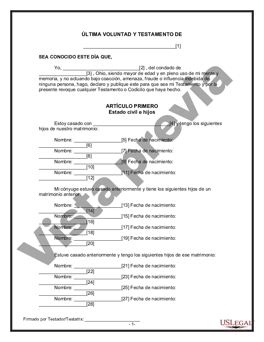 Preview Formulario Legal de Última Voluntad y Testamento para Persona Divorciada y Recasada con Hijos Míos, Tuyos y Nuestros