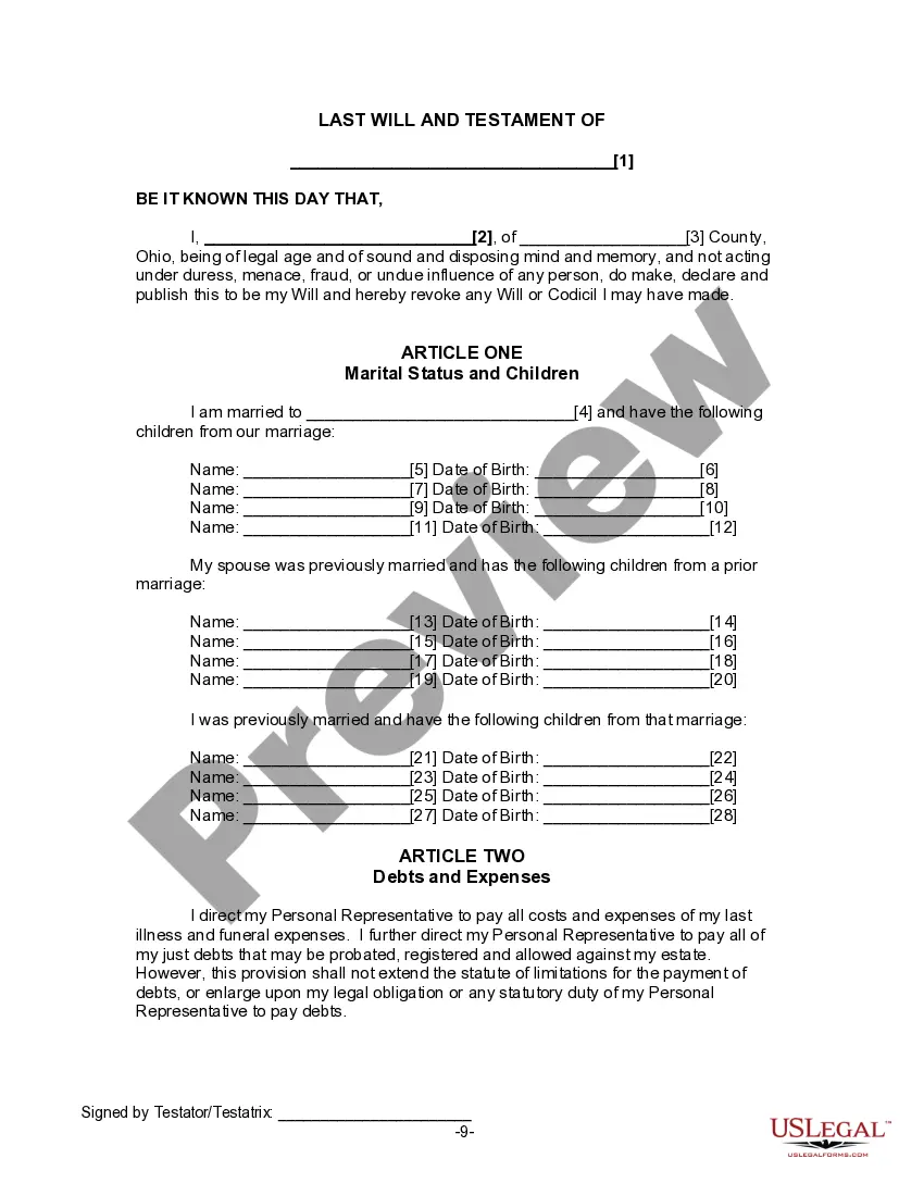 Preview Last Will and Testament for Divorced and Remarried Person with Mine, Yours and Ours Children