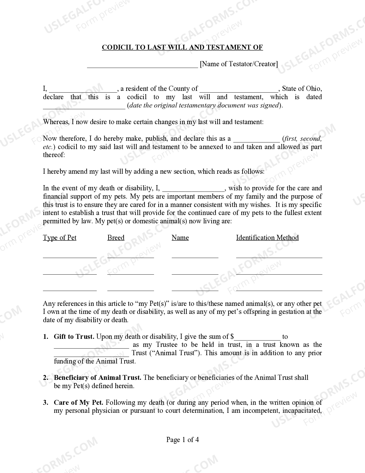 Ohio Codicil to Will Form for Amending Your Will - Testamentary Pet ...