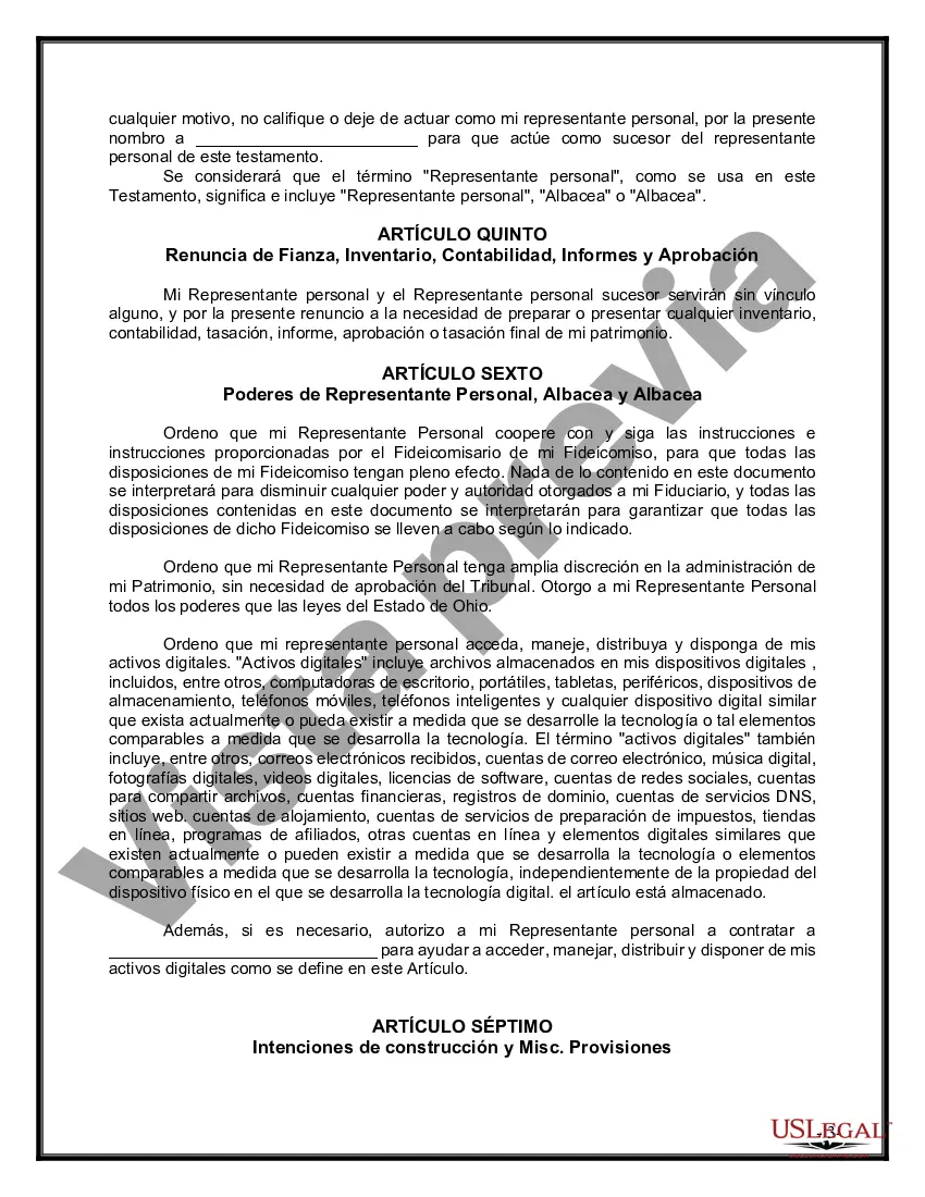 Preview Último testamento legal y formulario de testamento con todos los bienes en fideicomiso llamado testamento invertido