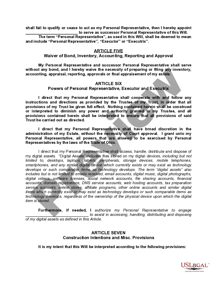 Preview Last Will and Testament with All Property to Trust called a Pour Over Will