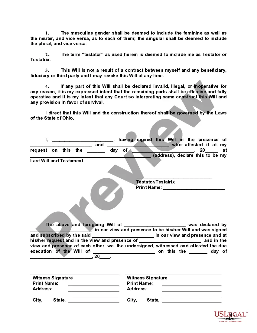 Preview Last Will and Testament with All Property to Trust called a Pour Over Will