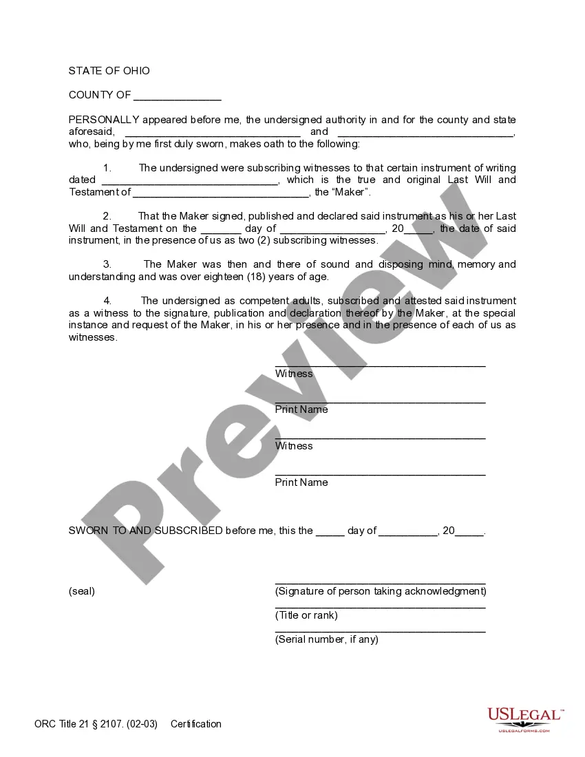 Preview Last Will and Testament with All Property to Trust called a Pour Over Will