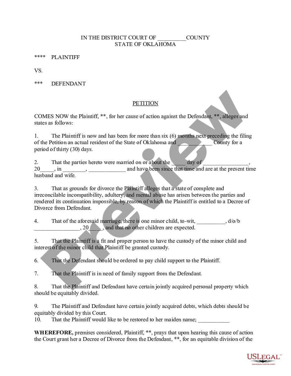 Oklahoma Petition For Divorce Form With Minor Child US Legal Forms