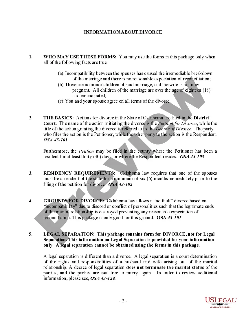 Preview Oklahoma No-Fault Uncontested Agreed Divorce Package for Dissolution of Marriage with Adult Children and with or without Property and Debts